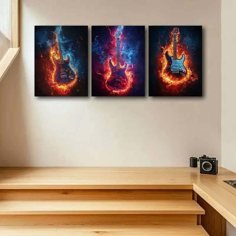 3pcs Vibrant Blue & Orange Electric Guitars Metal Print Ready to Hang Art