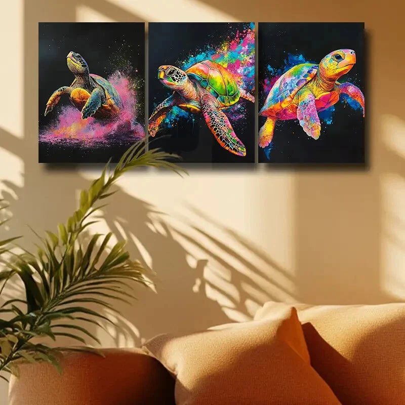 3pcs Colorful Sea Turtle with Splash Effects Metal Print Ready to Hang Art