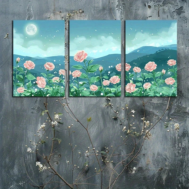 3pcs Beautiful Pink Rose Moon Metal Print Ready to Hang Art