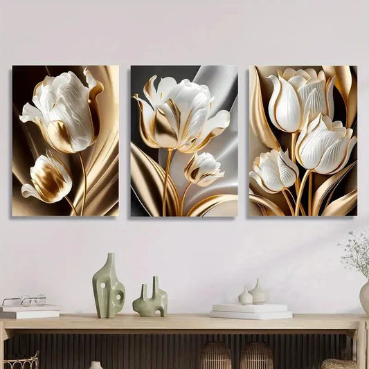 3pcs white flowers, Golden-edged tulips Metal Print Ready to Hang Art