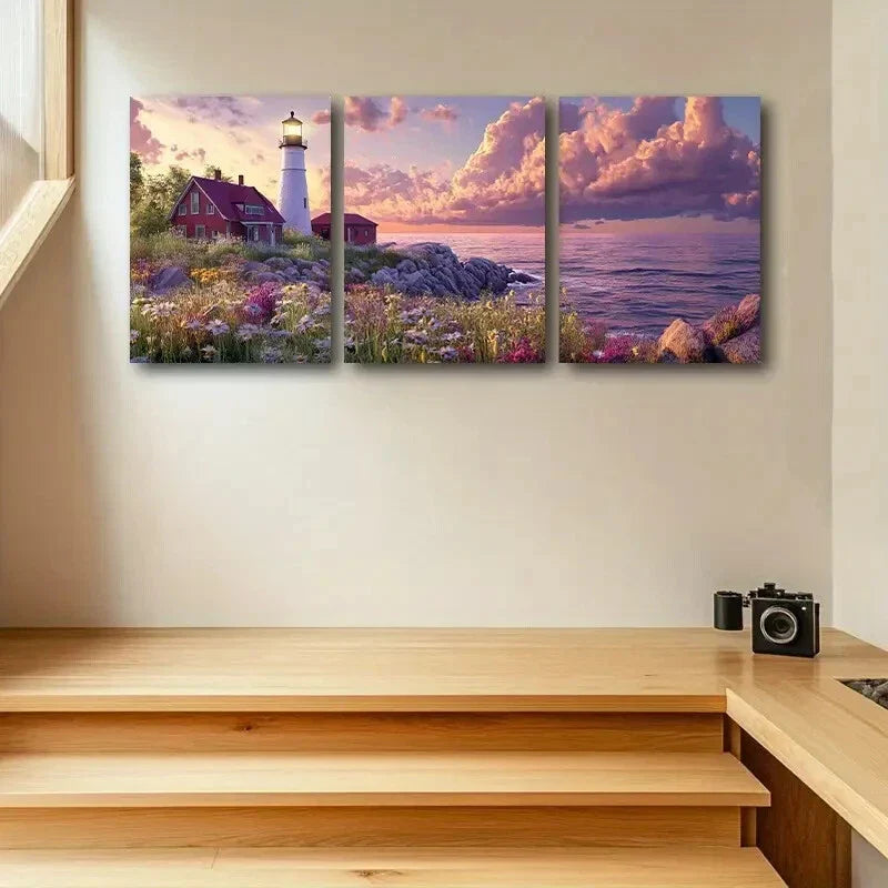 3pcs Lighthouse, Vibrant Sunset & Ocean Scenery Metal Print Ready to Hang Art