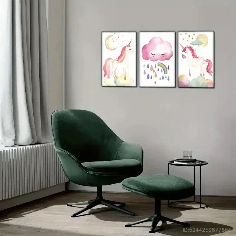 3pcs Rainbow & Clouds Colorful Hair Unicorn Metal Print Ready to Hang Art