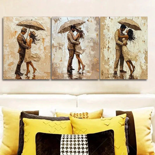 3pcs A couple is strolling in the rain Metal Print Ready to Hang Art
