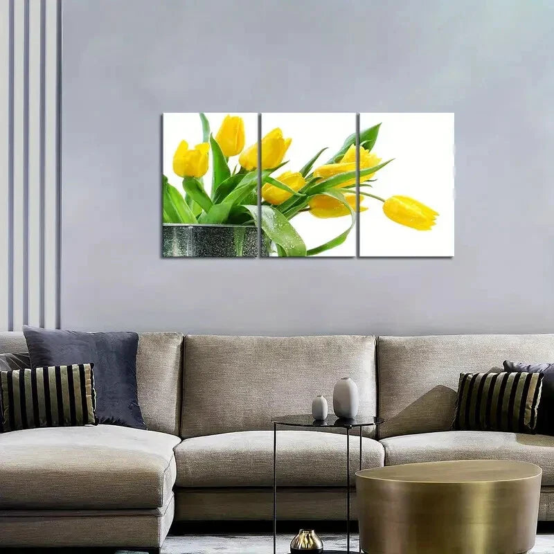 3pcs Yellow Tulip & Green Foliage Metal Print Ready to Hang Art