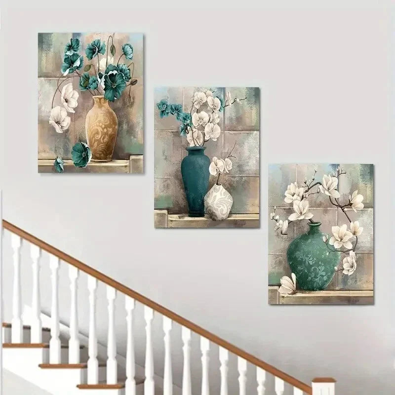 3pcs Magnolia & Orchid with Elegant Vase Metal Print Ready to Hang Art
