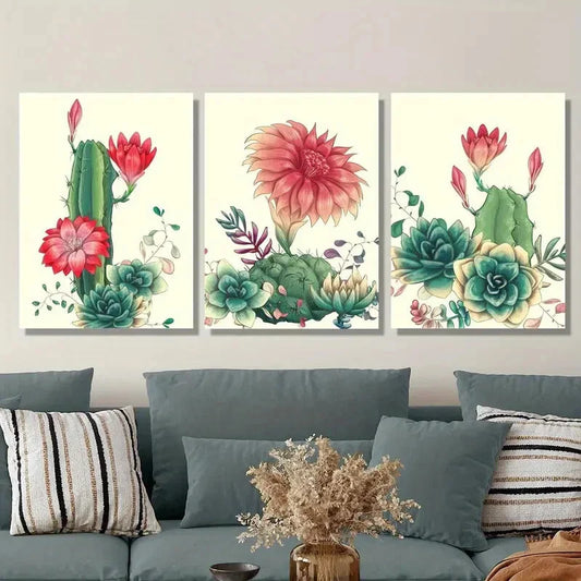 3pcs Cactus and flower art, cactus with red flower Metal Print Ready to Hang Art