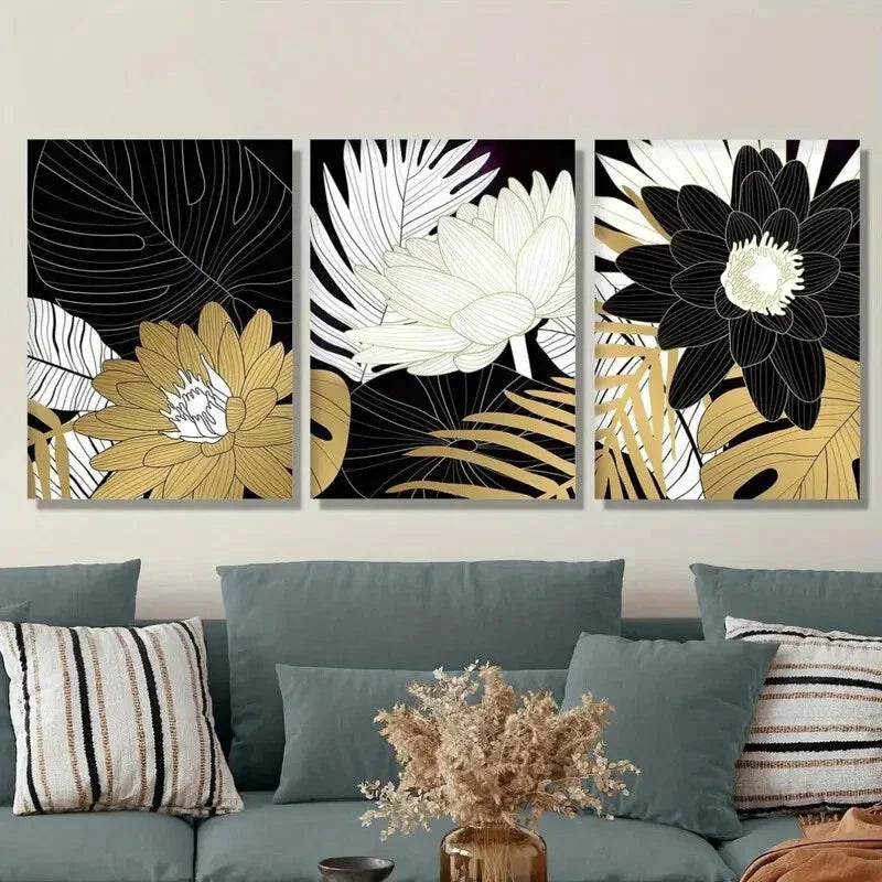 3pcs Fashionable Lotus & Tropical Leaves, Metal Print Ready to Hang Art