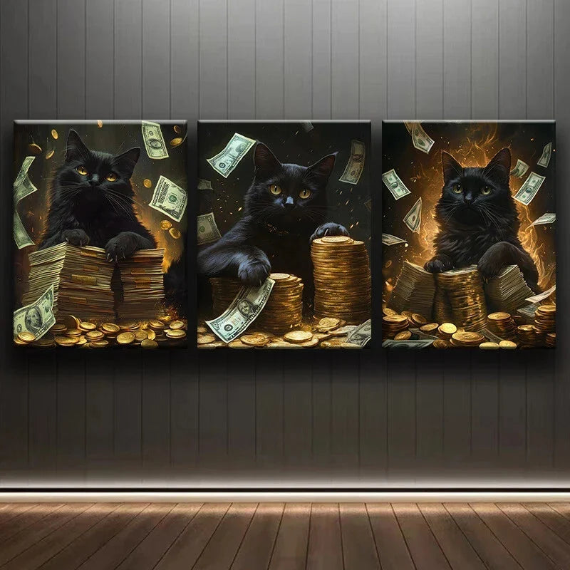 3pcs Black Cat Surrounded By Stacks Of Cash Metal Print Ready to Hang Art