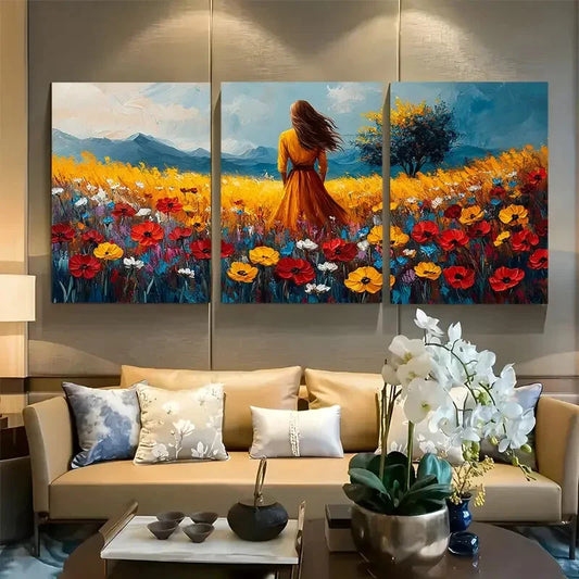 3pcs Vibrant Rustic Wildflower Woman Standing Metal Print Ready to Hang Art