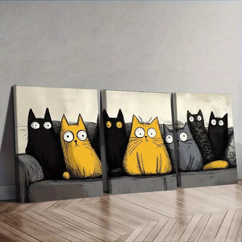 3pcs Modern Art Deco Cat Contemporary Wall Art Set Canvas Framed 40x60cm - High Quality Print 100% Australian Made Wall Canvas Ready to Hang