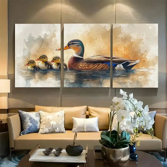 3pcs Watercolor Duck And Baby Ducklings Metal Print Ready to Hang Art
