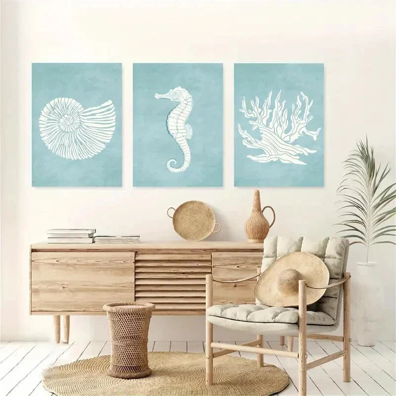 3pcs Seahorse, Coral, And Seashell Metal Print Ready to Hang Art