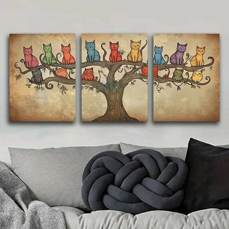 3pcs Whimsical Cat Tree Cute Adorable Perfect Wall Art Set Canvas Framed 40x60cm - High Quality Print 100% Australian Made Wall Canvas Ready to Hang
