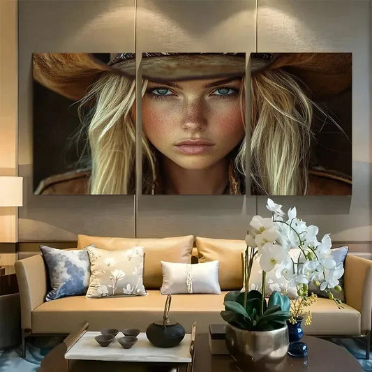 3pcs Western Cowgirl in Leather Fringe Jacket Metal Print Ready to Hang Art