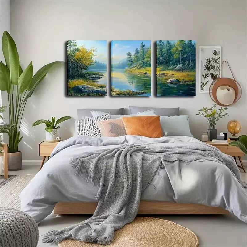 3pcs Spring Stream Landscape with Autumn Leaves, Wall Art Set Canvas Framed 40x60cm - High Quality Print 100% Australian Made Wall Canvas Ready to Hang