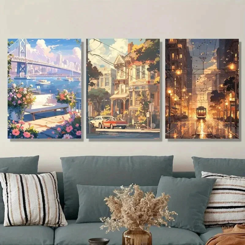 3pcs City Scenery in Animation, Metal Print Ready to Hang Art