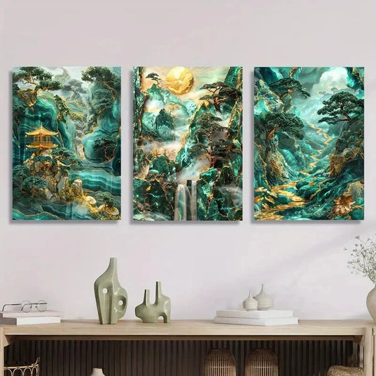 3pcs Blue and Golden Mountain and Forest Scenery Metal Print Ready to Hang Art