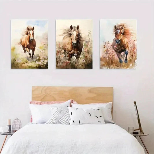3pcs Watercolor Horse Vibrant Animal Paintings Metal Print Ready to Hang Art