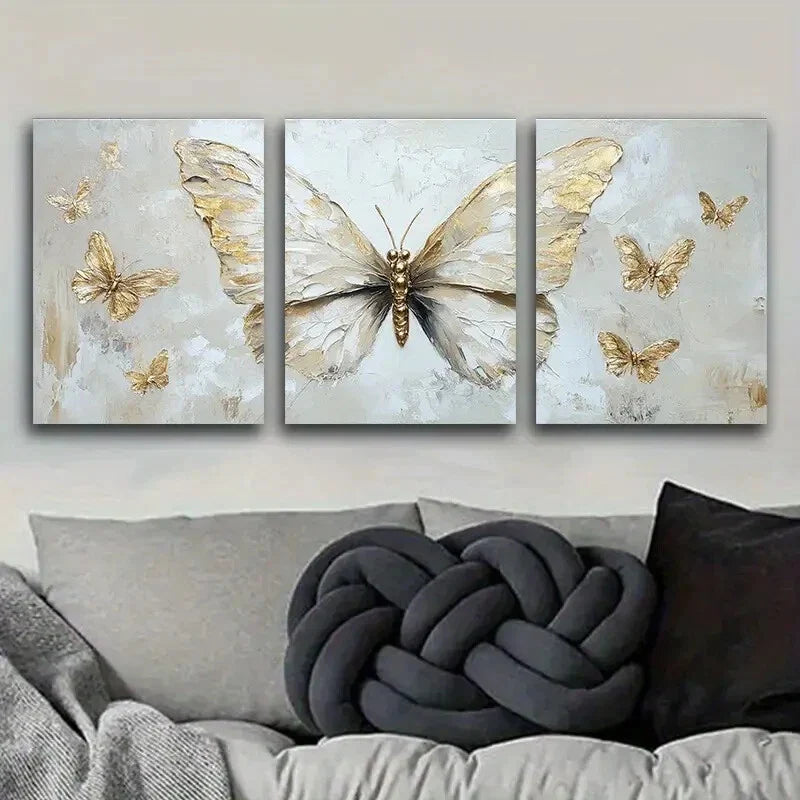 3pcs Butterfly oil painting in gold leaf Metal Print Ready to Hang Art