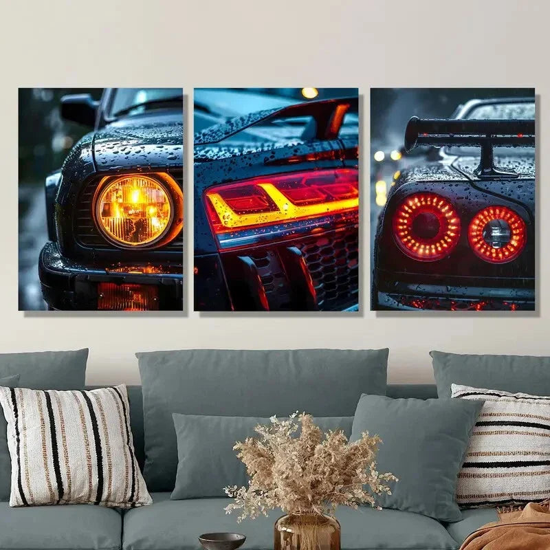 3pcs Antique car headlight art, cool car taillight Metal Print Ready to Hang Art