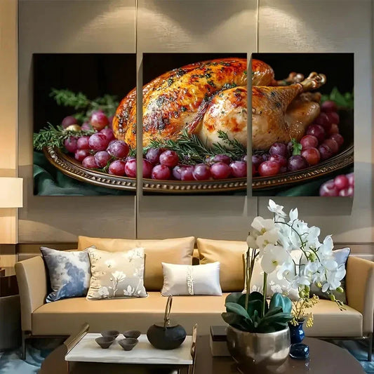 3pcs Ornate Roasted Turkey On The Table Metal Print Ready to Hang Art
