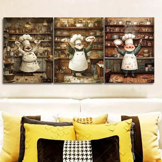 3pcs The whimsical chef Wall Art Set Canvas Framed 40x60cm - High Quality Print 100% Australian Made Wall Canvas Ready to Hang