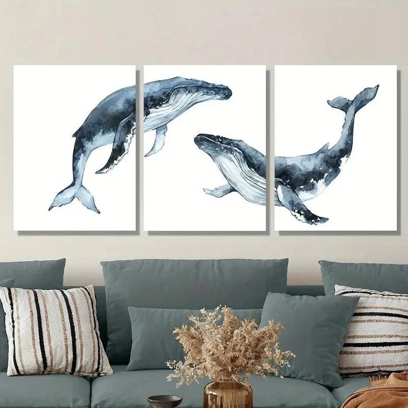 3pcs Blue Nautical Marine Life Metal Print Ready to Hang Art