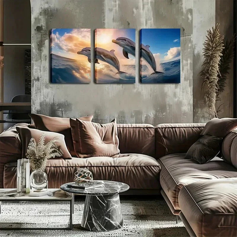 3pcs Two Dream Dolphins Wall Art Set Canvas Framed 40x60cm - High Quality Print 100% Australian Made Wall Canvas Ready to Hang