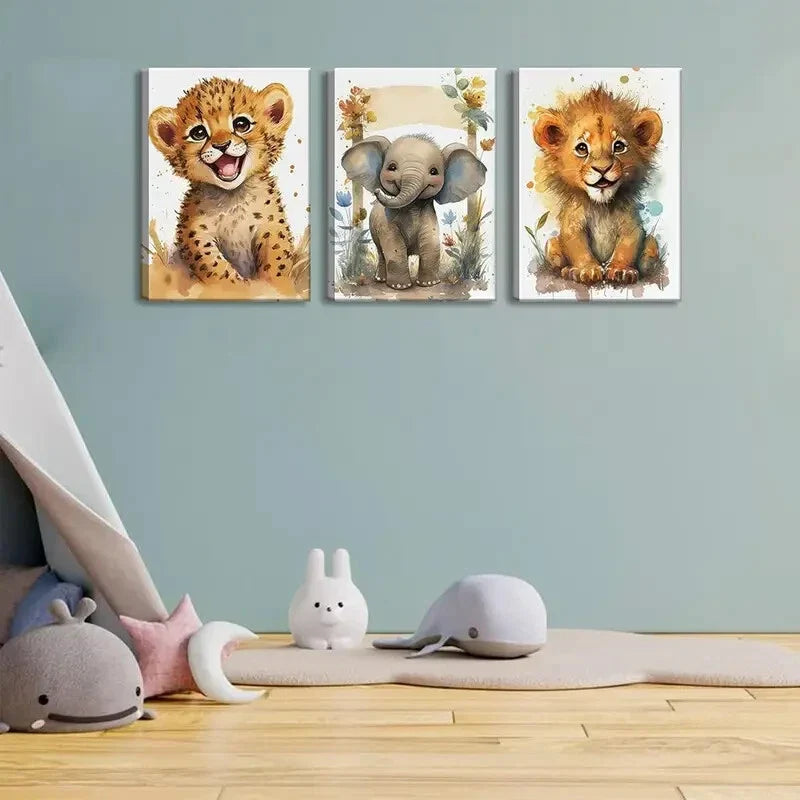 3pcs Baby Safari Animal Lovely Jungle Animal Metal Print Ready to Hang Art
