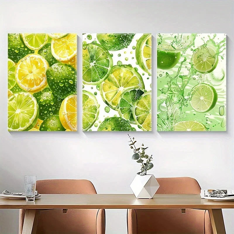 3pcs Vibrant Lemon Slice Fresh Green Metal Print Ready to Hang Art