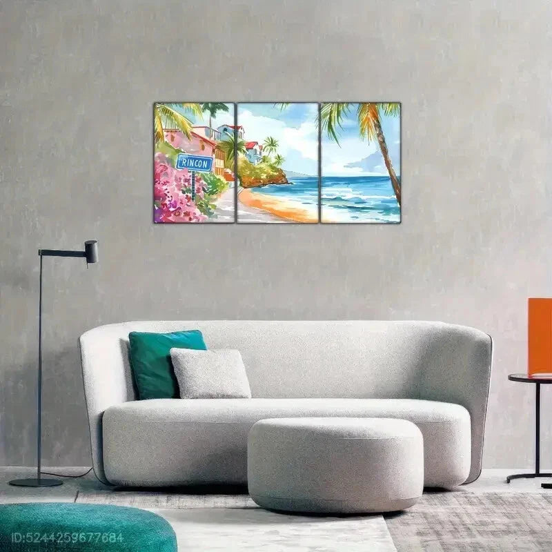 3pcs Coastal Cityscape, Watercolor style Tropical Metal Print Ready to Hang Art