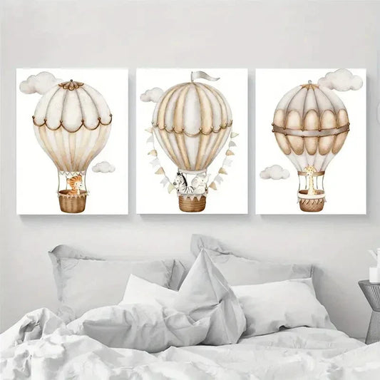 3pcs Hot Air Balloon Animal Adventure Metal Print Ready to Hang Art