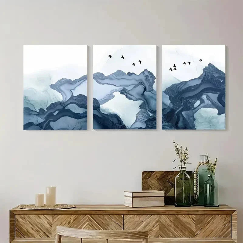 3pcs Blue Smoke Wave and Birds Abstract Landscape Metal Print Ready to Hang Art