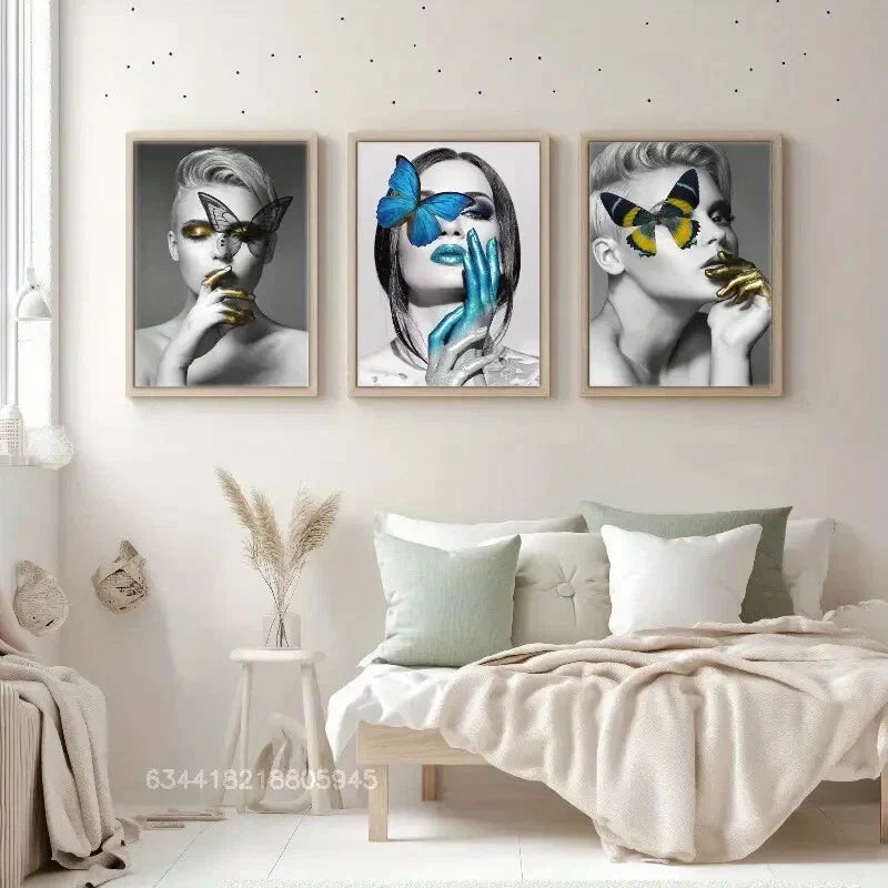 3pcs Butterfly & Beauty Character Posters, Metal Print Ready to Hang Art