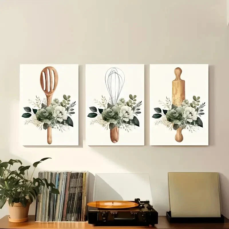 3pcs Green Watercolor Floral & Cooking Utensils Metal Print Ready to Hang Art