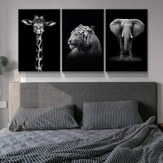 3pcs Giraffe Tiger and Elephant Picture Metal Print Ready to Hang Art