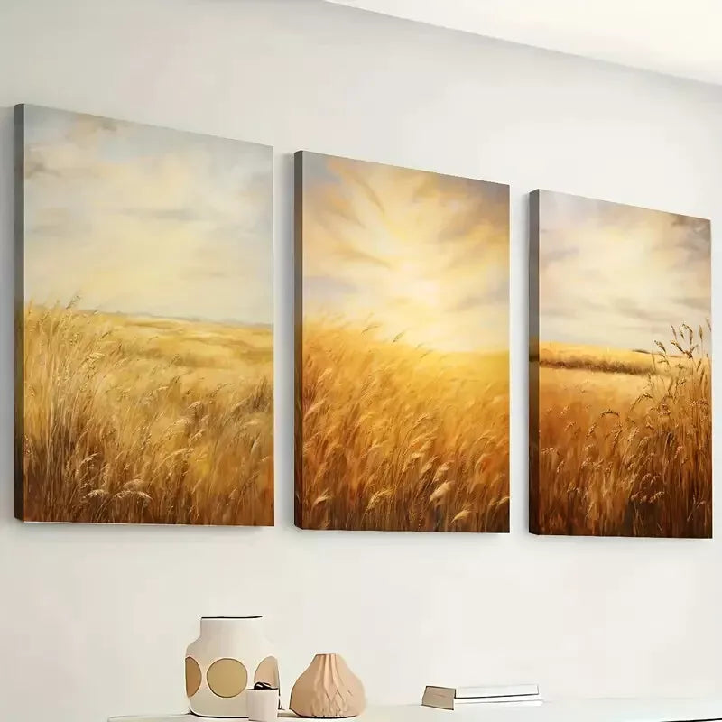 3pcs Golden wheat fields, harvest farm country Wall Art Set Canvas Framed 40x60cm - High Quality Print 100% Australian Made Wall Canvas Ready to Hang