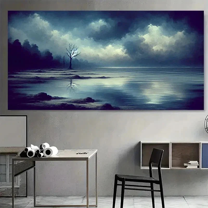 Serene Lake Forest Night Sky Wall Art Canvas Office Home Room Framed 80x45cm