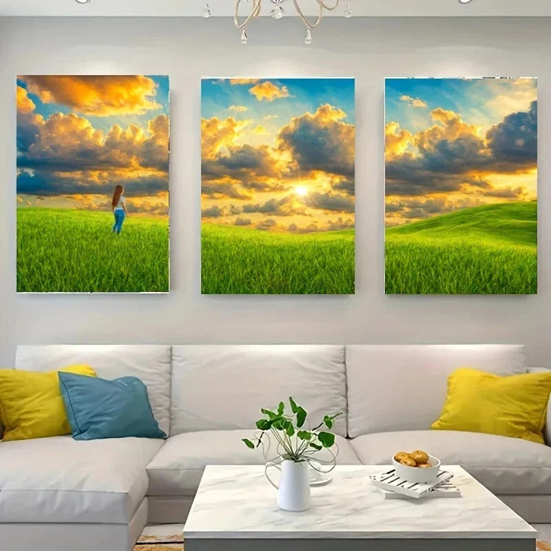 3pcs A Person Standing in a Grassy Field Metal Print Ready to Hang Art