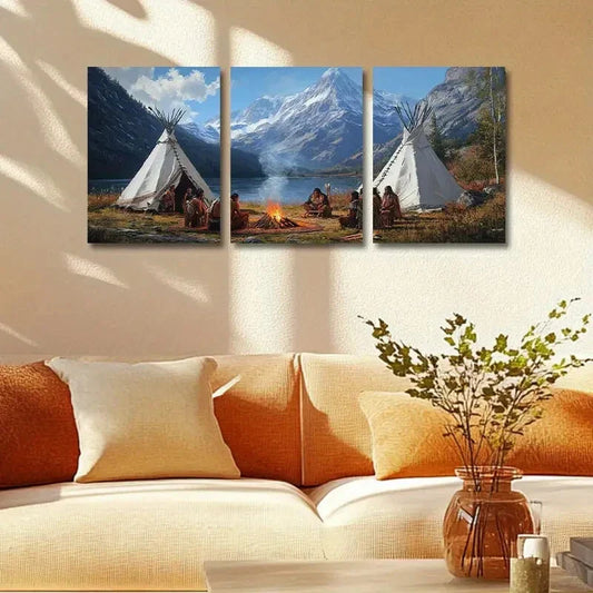 3pcs Primitive for Man Camping Scene Metal Print Ready to Hang Art