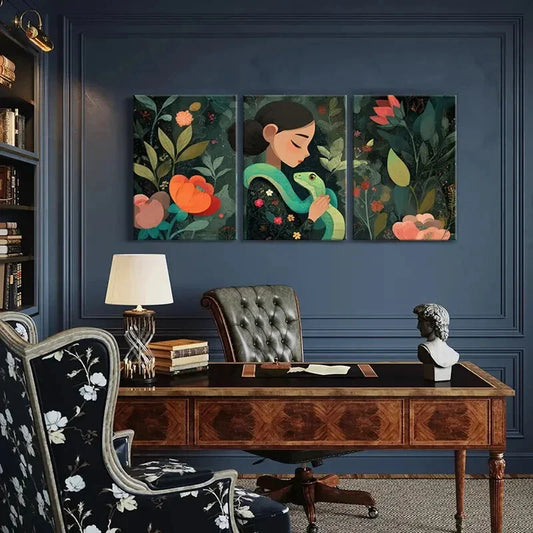 3pcs Woman Embracing Snake Floral Surroundings Metal Print Ready to Hang Art