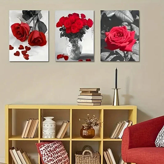 3pcs Black and White Roses Floral Painting Metal Print Ready to Hang Art