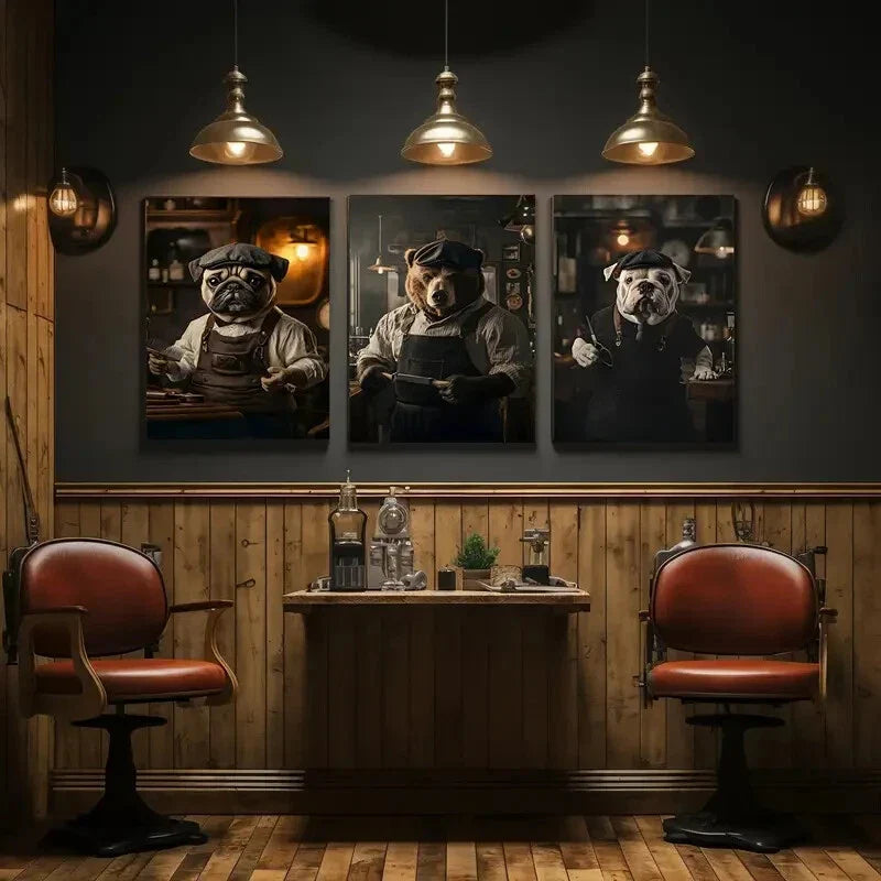3pcs Vintage Barbershop Pug Barber & Tattoo Metal Print Ready to Hang Art