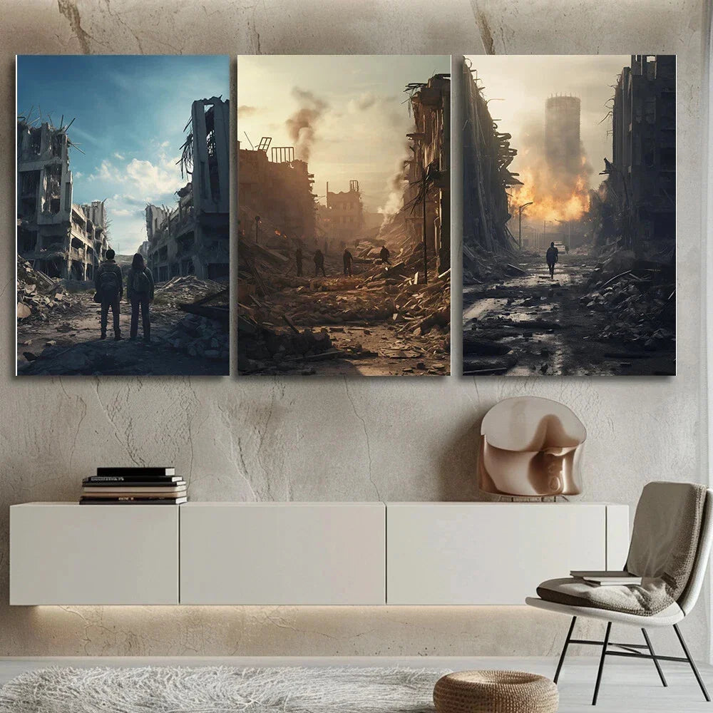 3pcs Modern City Ruins Murals Metal Print Ready to Hang Art