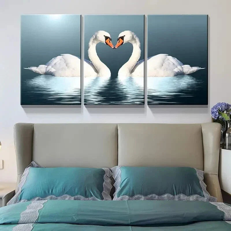 3pcs Romantic Heart-Shaped Swans Metal Print Ready to Hang Art