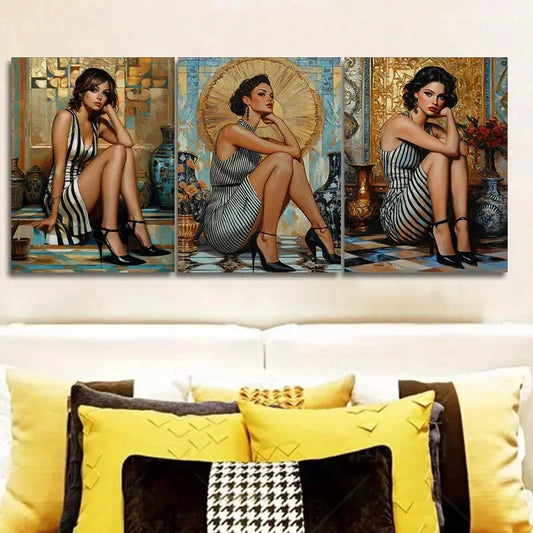 3pcs Three Fashionable Ladies Sitting Wall Art Set Canvas Framed 40x60cm - High Quality Print 100% Australian Made Wall Canvas Ready to Hang