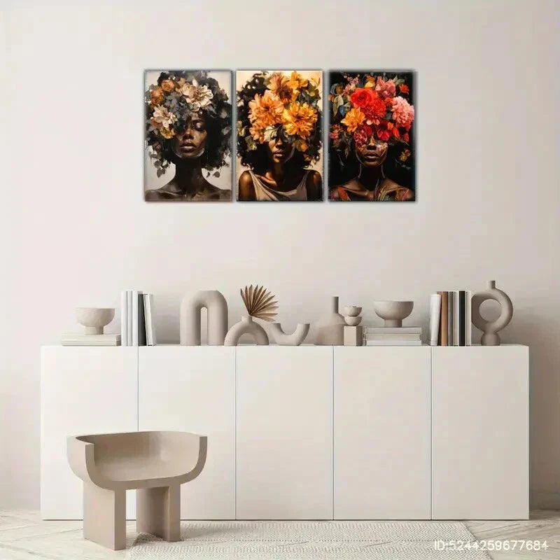 3pcs Beautiful Girl with Flowers on Her Head Metal Print Ready to Hang Art