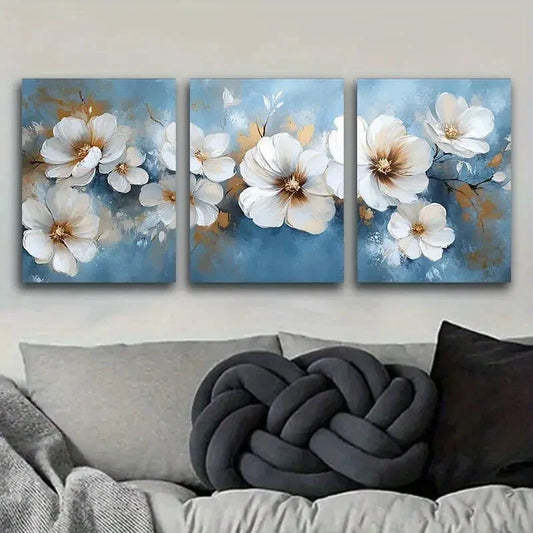 3pcs White Flowers On A Blue Background Metal Print Ready to Hang Art