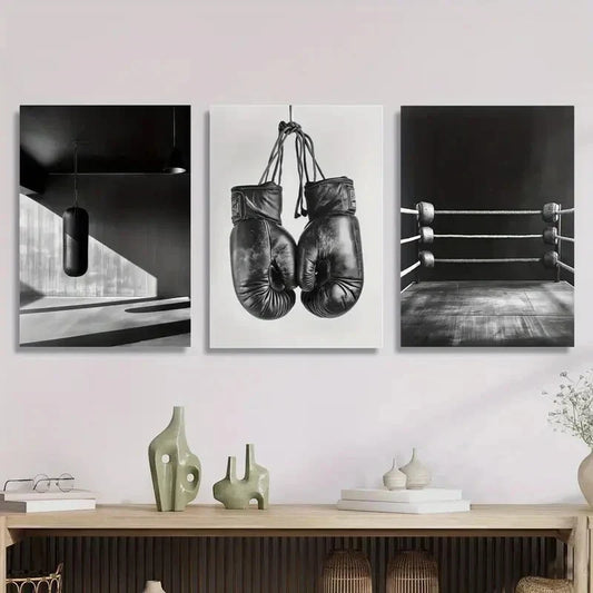 3pcs Vintage Dark Boxing, Black And White Metal Print Ready to Hang Art