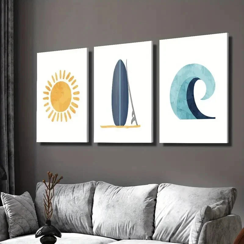 3pcs orange sun sunshine doodle, blue surfboard Wall Art Set Canvas Framed 40x60cm - High Quality Print 100% Australian Made Wall Canvas Ready to Hang
